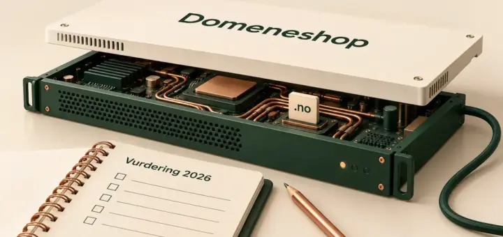 Illustrasjon av en åpen server merket Domeneshop med en .no-brikke og en notatbok for vurdering av leverandøren i 2026.