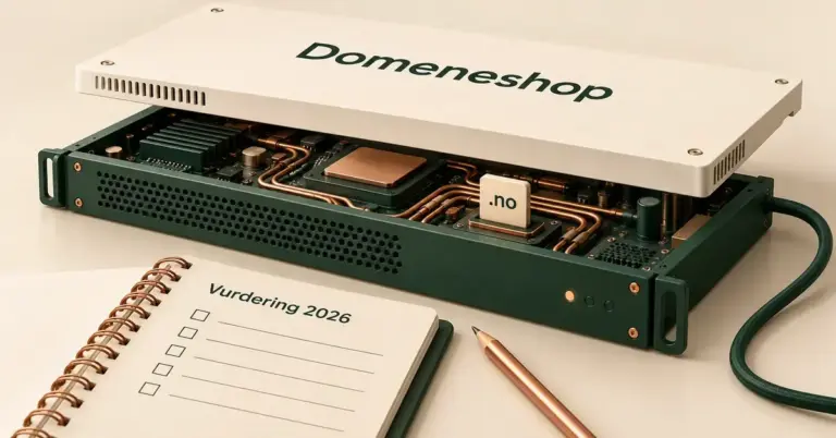 Illustrasjon av en åpen server merket Domeneshop med en .no-brikke og en notatbok for vurdering av leverandøren i 2026.