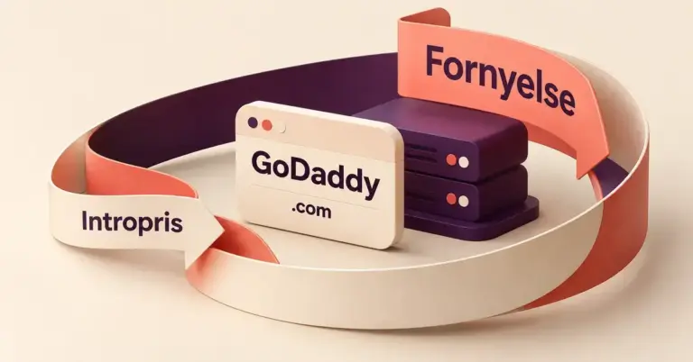 Illustrasjon av GoDaddy med et domeneskilt og en server omgitt av et bånd som viser overgangen fra intropris til fornyelse.