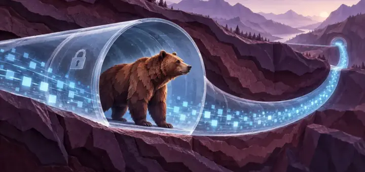 En brunbjørn står ved åpningen til en lysende datatunnel i et stilisert landskap, som en illustrasjon av TunnelBear VPN.