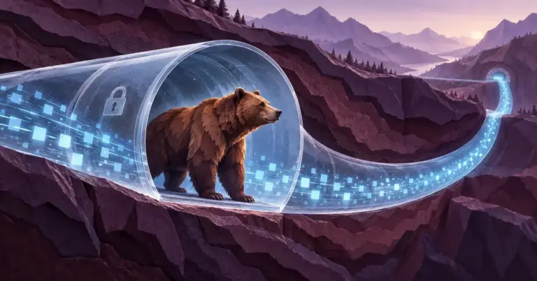 En brunbjørn står ved åpningen til en lysende datatunnel i et stilisert landskap, som en illustrasjon av TunnelBear VPN.