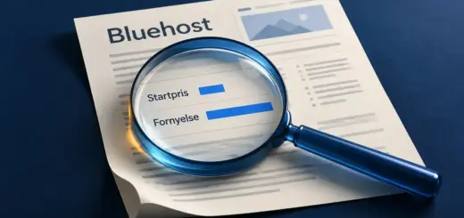 En blå lupe over et dokument merket Bluehost fremhever forskjellen mellom startpris og pris ved fornyelse.