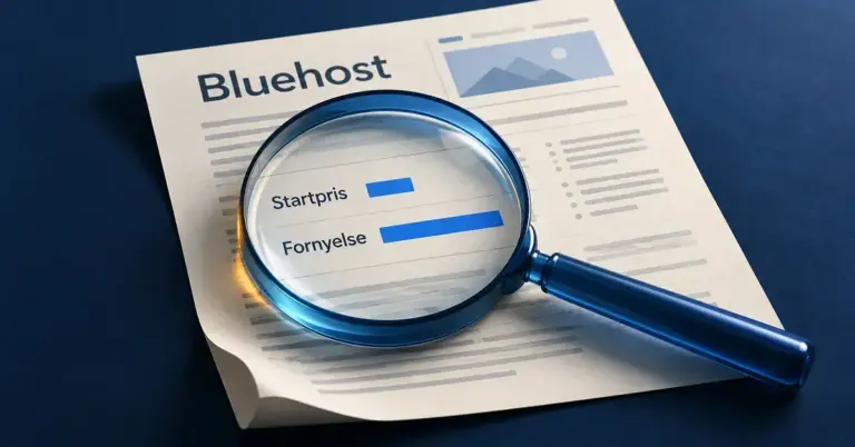 En blå lupe over et dokument merket Bluehost fremhever forskjellen mellom startpris og pris ved fornyelse.