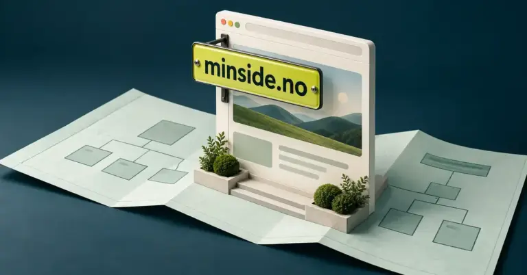 Illustrasjon av en nettside med adresseskiltet «minside.no» på en plantegning som symboliserer planlegging av nettsiden og valg av domenenavn.