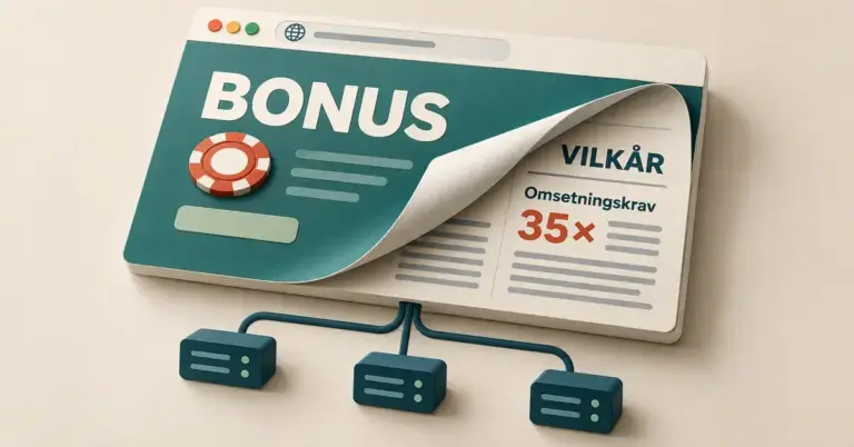 Illustrasjon av en bonusside som brettes opp og avdekker vilkår med omsetningskrav på 35 ganger, med forbindelser til tre servere under nettsiden.