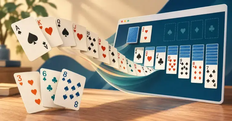 Illustrasjon av spillkort som svever fra et bord og inn i et kabalspill i en nettleser.