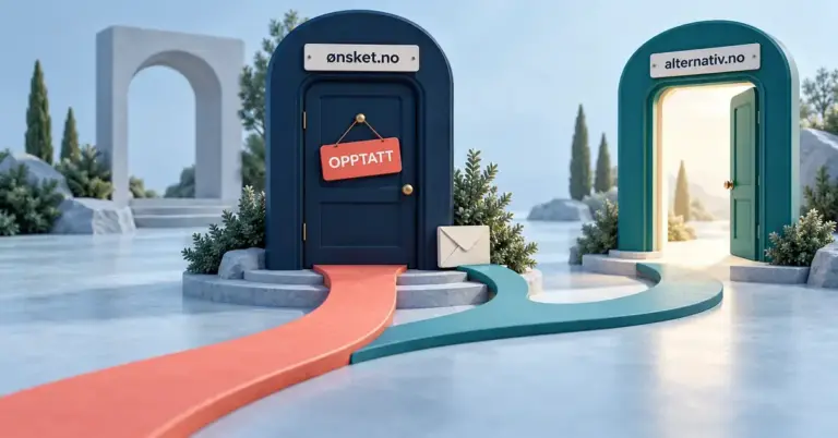 En lukket dør merket «ønsket.no» og «OPPTATT», en konvolutt og en vei til en åpen dør illustrerer kontakt med domeneeieren og valg av et alternativt domenenavn.
