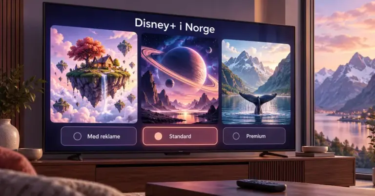 Illustrasjon av en TV med teksten «Disney+ i Norge», scener fra fantasi, verdensrommet og norsk natur samt valgene Med reklame, Standard og Premium.