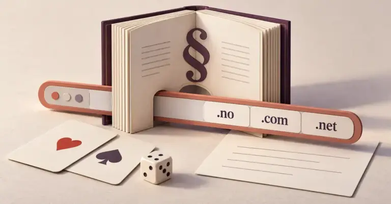 Illustrasjon av en åpen lovbok med paragraftegn, domeneendelsene .no, .com og .net, spillkort og en terning som symboliserer domenevalg og regelverk for iGaming.