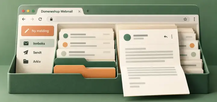 Illustrasjon av Domeneshop Webmail som et nettleservindu med e-postmeldinger sortert i mapper og en åpen melding i forgrunnen.