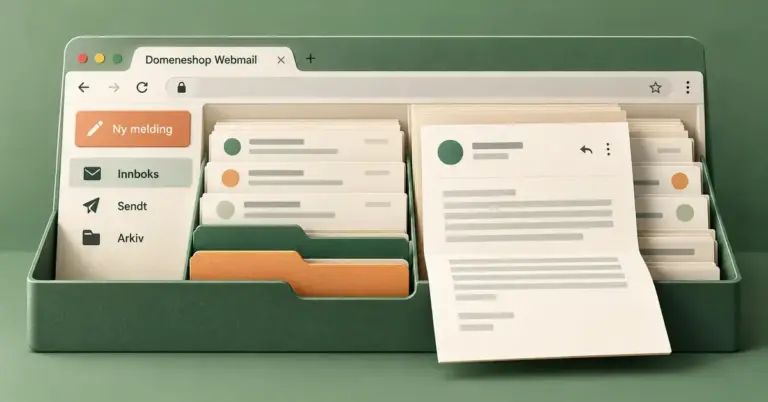 Illustrasjon av Domeneshop Webmail som et nettleservindu med e-postmeldinger sortert i mapper og en åpen melding i forgrunnen.