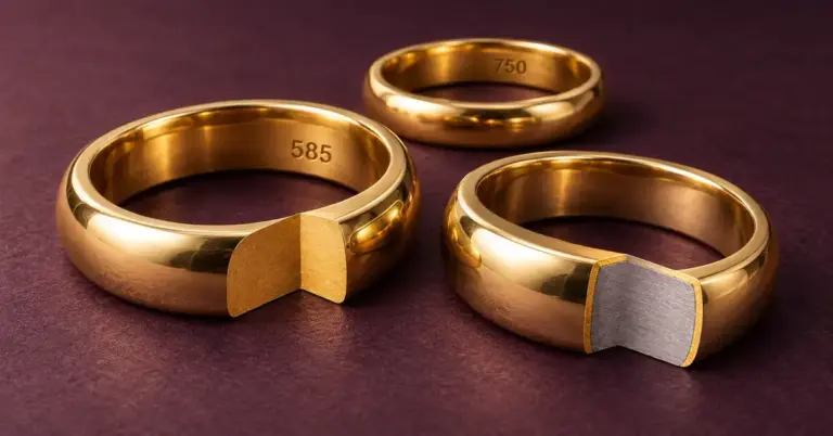 Illustrasjon av ringer med lødighetsstemplene 585 og 750 og gjennomskårne ringbånd som viser forskjellen mellom massivt gull og gullbelegg over en grå metallkjerne.