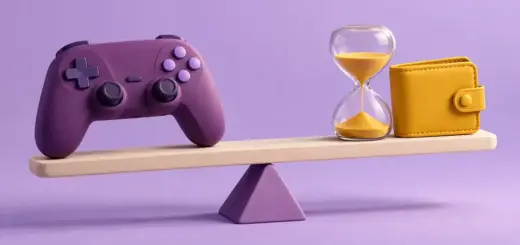 En lilla spillkontroller balanserer mot et timeglass og en gul lommebok på en vippe som symboliserer balansen mellom spillglede, tidsbruk og budsjett.