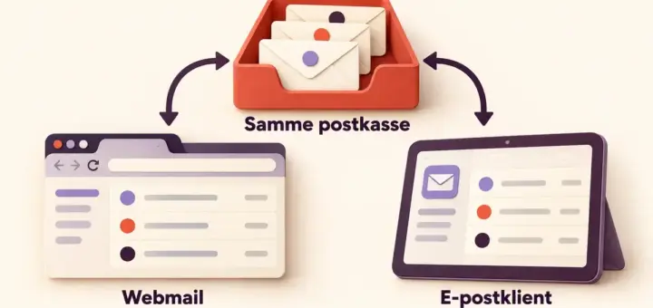 Illustrasjon av webmail i en nettleser og en e-postklient som begge er koblet til den samme postkassen.