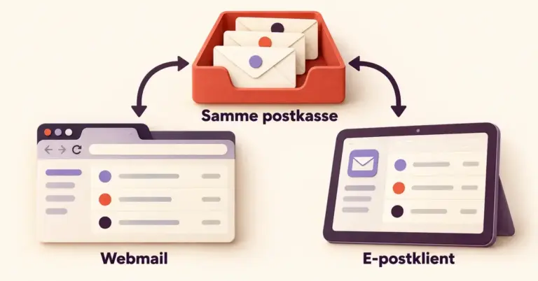 Illustrasjon av webmail i en nettleser og en e-postklient som begge er koblet til den samme postkassen.