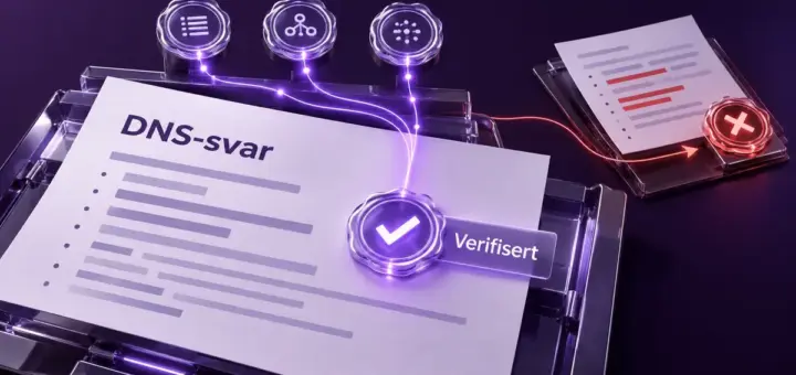 Illustrasjon av DNSSEC som verifiserer et DNS-svar med en digital signatur og avviser et forfalsket svar.