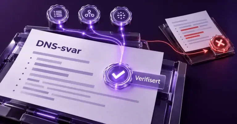 Illustrasjon av DNSSEC som verifiserer et DNS-svar med en digital signatur og avviser et forfalsket svar.