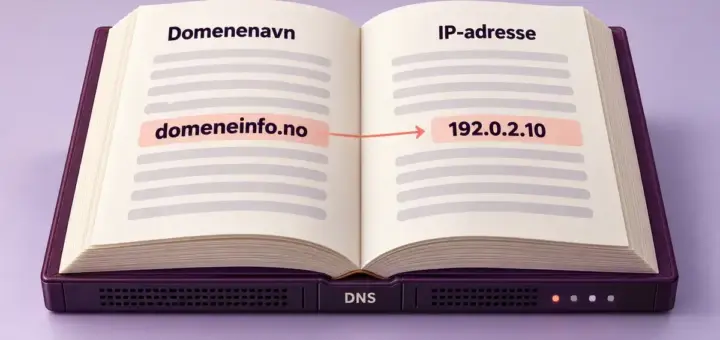 Illustrasjon av en DNS-server som en åpen adressebok, der domenenavnet domeneinfo.no kobles til eksempeladressen 192.0.2.10.