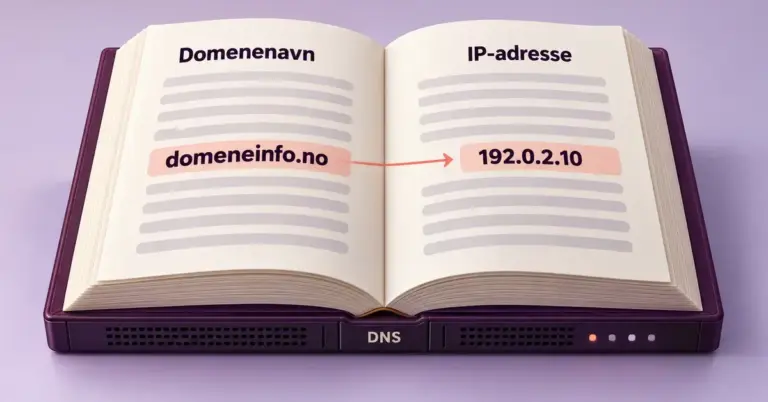 Illustrasjon av en DNS-server som en åpen adressebok, der domenenavnet domeneinfo.no kobles til eksempeladressen 192.0.2.10.