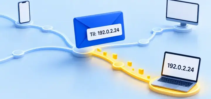 En datapakke merket med IP-adressen 192.0.2.24 følger en gul nettverksbane til en bærbar datamaskin med samme adresse.