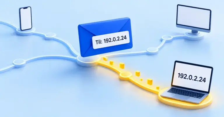 En datapakke merket med IP-adressen 192.0.2.24 følger en gul nettverksbane til en bærbar datamaskin med samme adresse.