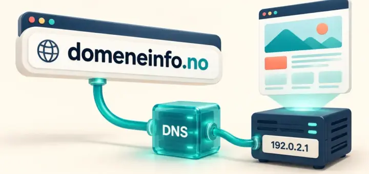 Illustrasjon av hvordan domenenavnet domeneinfo.no kobles via DNS til en IP-adresse og en server som viser en nettside.