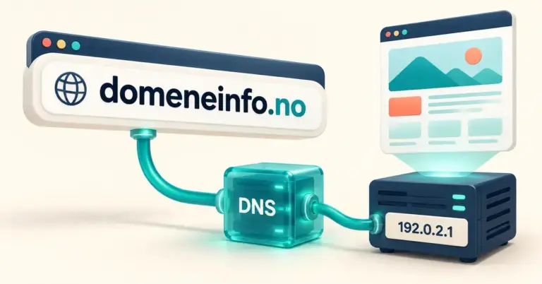 Illustrasjon av hvordan domenenavnet domeneinfo.no kobles via DNS til en IP-adresse og en server som viser en nettside.