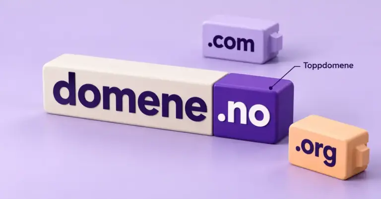 Illustrasjon av domenenavnet domene.no med .no fremhevet som toppdomene og utskiftbare klosser merket .com og .org.