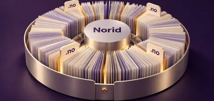 Illustrasjon av et sirkulært arkiv med kort merket .no rundt en kjerne merket Norid, som symboliserer det sentrale registeret for norske domenenavn.