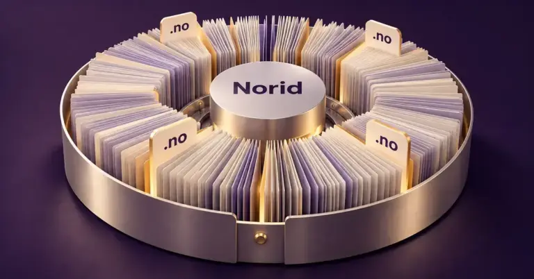 Illustrasjon av et sirkulært arkiv med kort merket .no rundt en kjerne merket Norid, som symboliserer det sentrale registeret for norske domenenavn.