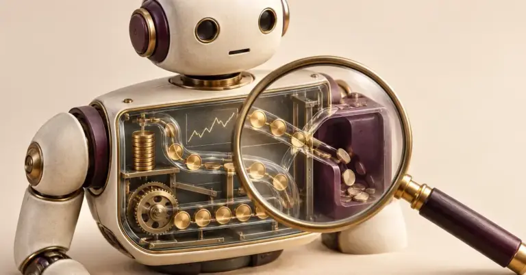 En lupe undersøker mynter og mekaniske pengebaner inne i en investeringsrobot, som illustrasjon på vurdering av automatiske investeringstjenesters troverdighet.