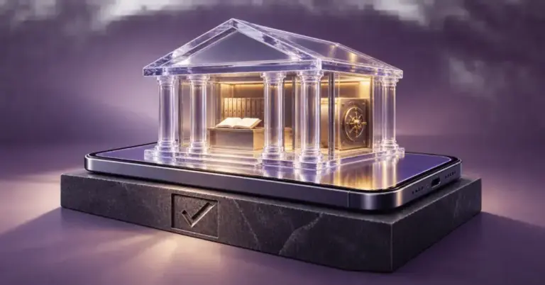 Illustrasjon av en gjennomsiktig bank på en mobiltelefon med et solid fundament og hakemerke, som symboliserer åpenhet og tillit til onlinebanker.