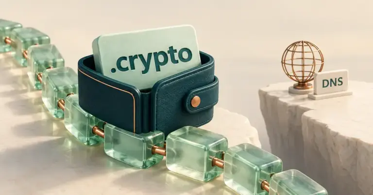 Et .crypto-domene i en kryptolommebok omgitt av sammenkoblede glassblokker, adskilt fra en globus merket DNS av en kløft.