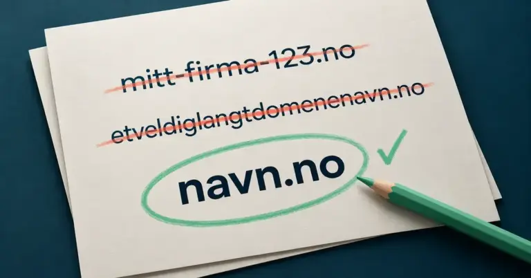 To lange eller kompliserte domenenavn er strøket ut på et ark, mens det korte «navn.no» er ringet inn med grønt og markert med en hake.