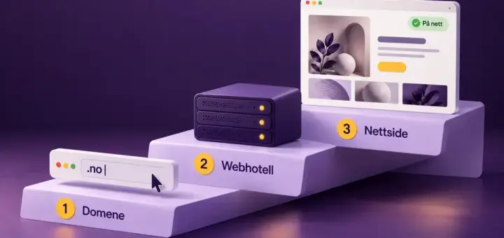 Illustrasjon av en trapp med tre steg fra domene via webhotell til en ferdig publisert nettside.