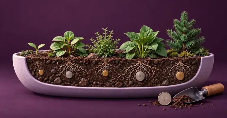 Illustrasjon av ulike planter med røtter og mynter i en gjennomskåret plantekasse, som symboliserer langsiktig investering og risikospredning.
