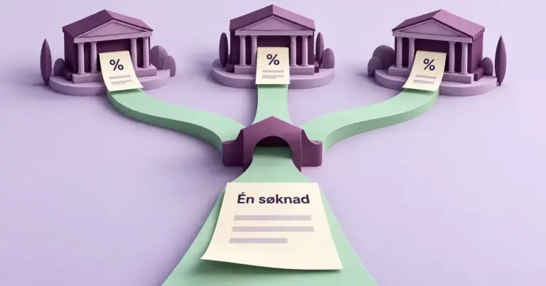 Illustrasjon av én lånesøknad som via en lånemegler fordeles til tre banker, med tilbudsark som symboliserer sammenligning av renter.
