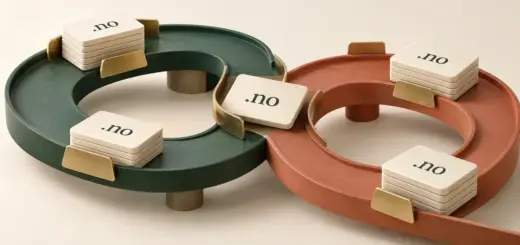 Illustrasjon av plater merket .no på sammenkoblede grønne og terrakottafargede handelsbaner, som symboliserer kjøp og salg av norske domenenavn.