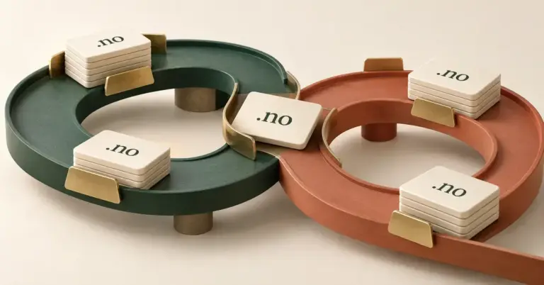 Illustrasjon av plater merket .no på sammenkoblede grønne og terrakottafargede handelsbaner, som symboliserer kjøp og salg av norske domenenavn.