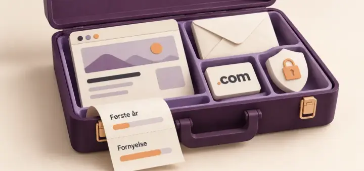 En lilla verktøykasse med symboler for nettside, domene, e-post og sikkerhet samt en prislapp som illustrerer lavere pris første år enn ved fornyelse.