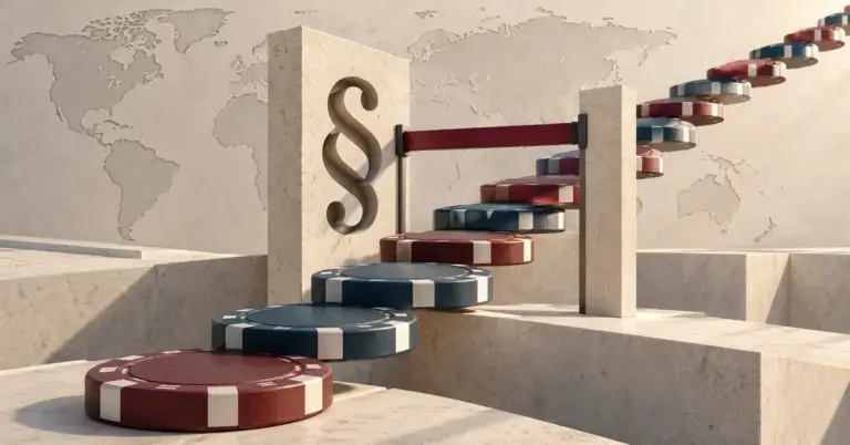 En stigende trapp av kasinosjetonger møter en bom ved et paragraftegn, med et verdenskart i bakgrunnen som symbol på global markedsvekst og regulering.