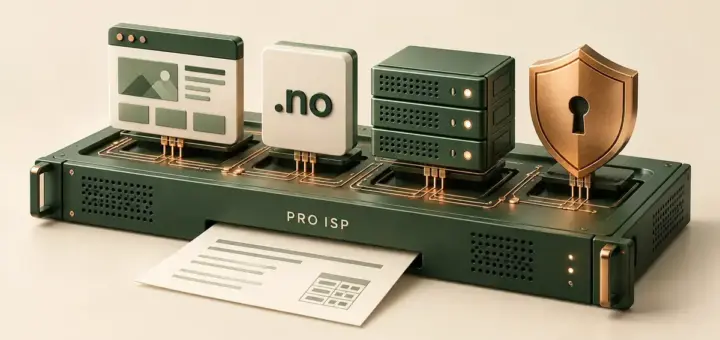 Illustrasjon av en plattform merket PRO ISP med moduler for webhotell, .no-domener, virtuelle servere og SSL-sikkerhet samt et prisoverslag foran.