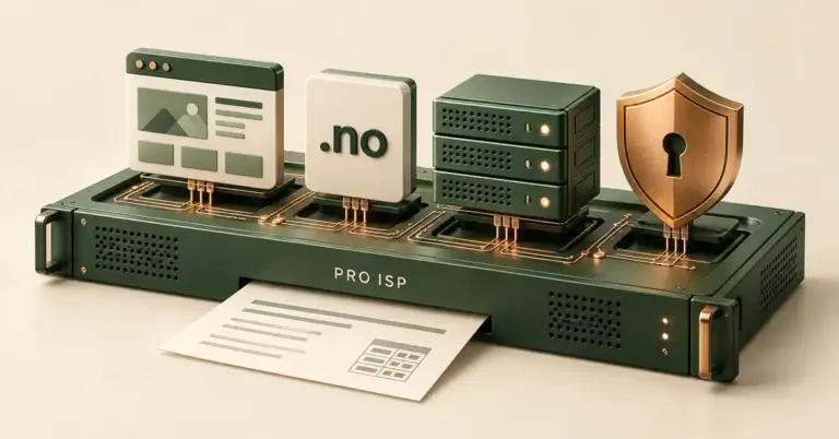 Illustrasjon av en plattform merket PRO ISP med moduler for webhotell, .no-domener, virtuelle servere og SSL-sikkerhet samt et prisoverslag foran.