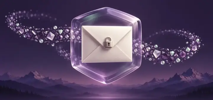 En konvolutt med hengelås omsluttes av et gjennomsiktig skjold og abstrakte datafragmenter over et alpelandskap, som symbol på kryptert e-post i Proton Mail.