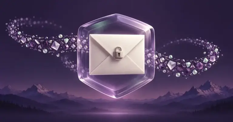 En konvolutt med hengelås omsluttes av et gjennomsiktig skjold og abstrakte datafragmenter over et alpelandskap, som symbol på kryptert e-post i Proton Mail.