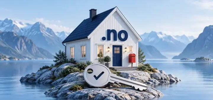 Et hvitt hus merket .no i et norsk fjordlandskap med en nøkkel i forgrunnen symboliserer registrering og råderett over et norsk domene.