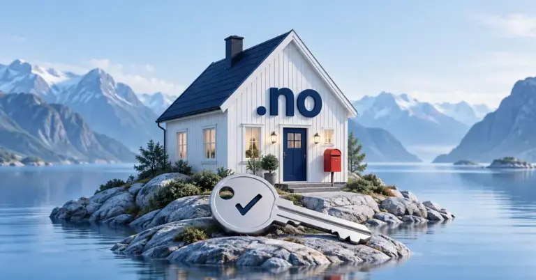 Et hvitt hus merket .no i et norsk fjordlandskap med en nøkkel i forgrunnen symboliserer registrering og råderett over et norsk domene.