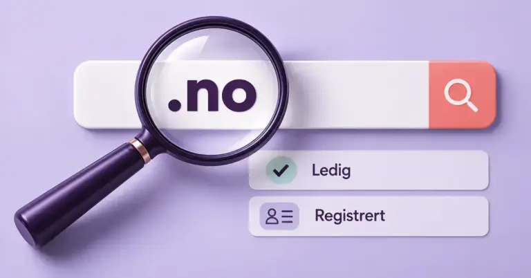 Et forstørrelsesglass fremhever .no i et søkefelt med statusene «Ledig» og «Registrert» for norske domener.