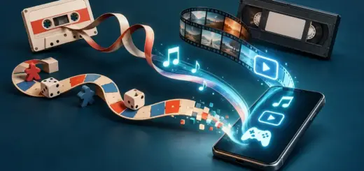 Kassett, VHS og brettspill forvandles til digitale strømmer med musikk, film og spill som samles på en mobiltelefon.