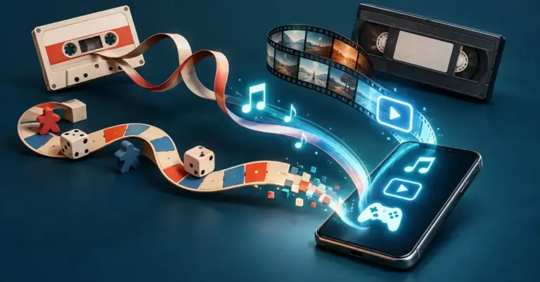 Kassett, VHS og brettspill forvandles til digitale strømmer med musikk, film og spill som samles på en mobiltelefon.